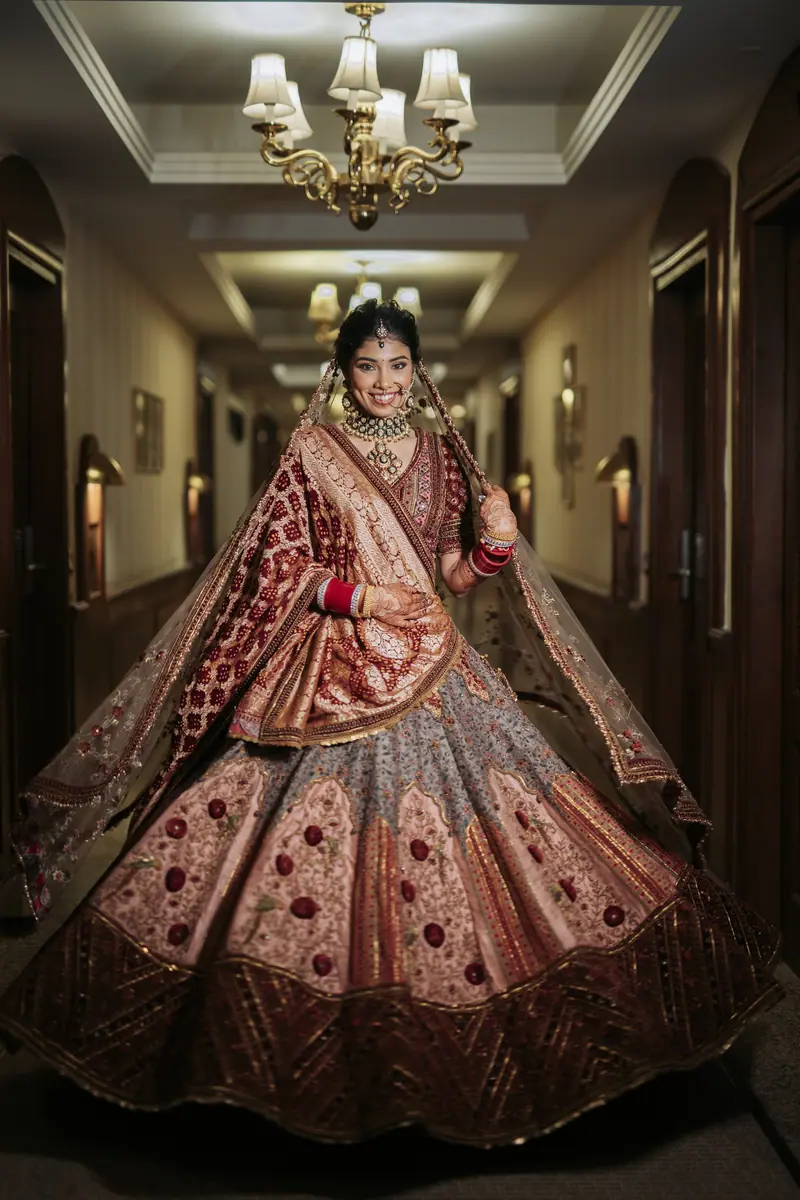 A bride walking a hotel corridor in full bridal lehenga