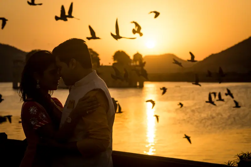 Birds rising over a lake at sunset in Jaipur
