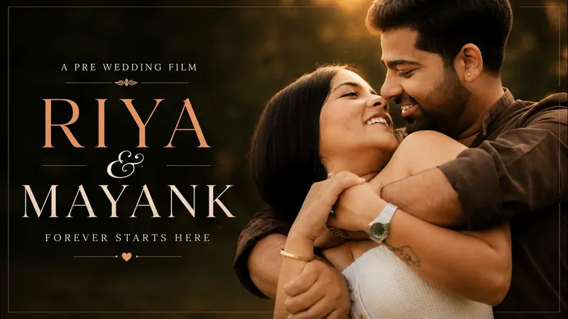 Title card from the pre-wedding film of Riya and Mayank